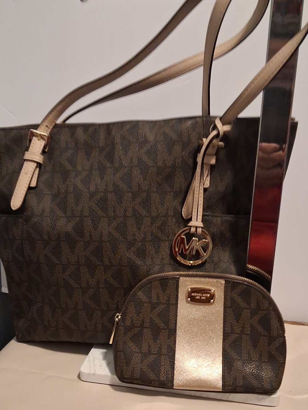 Michael Kors Jet Set Travel Large Signature Logo Tote Bag Brown & Gold